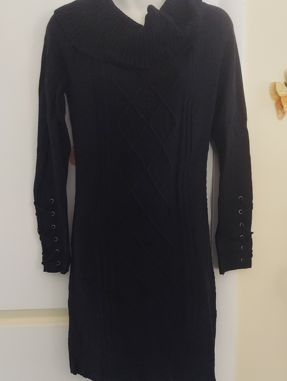 Black Cable-Knit Long Sleeve Sweater Dress with Cowl Neck/Off The Shoulder